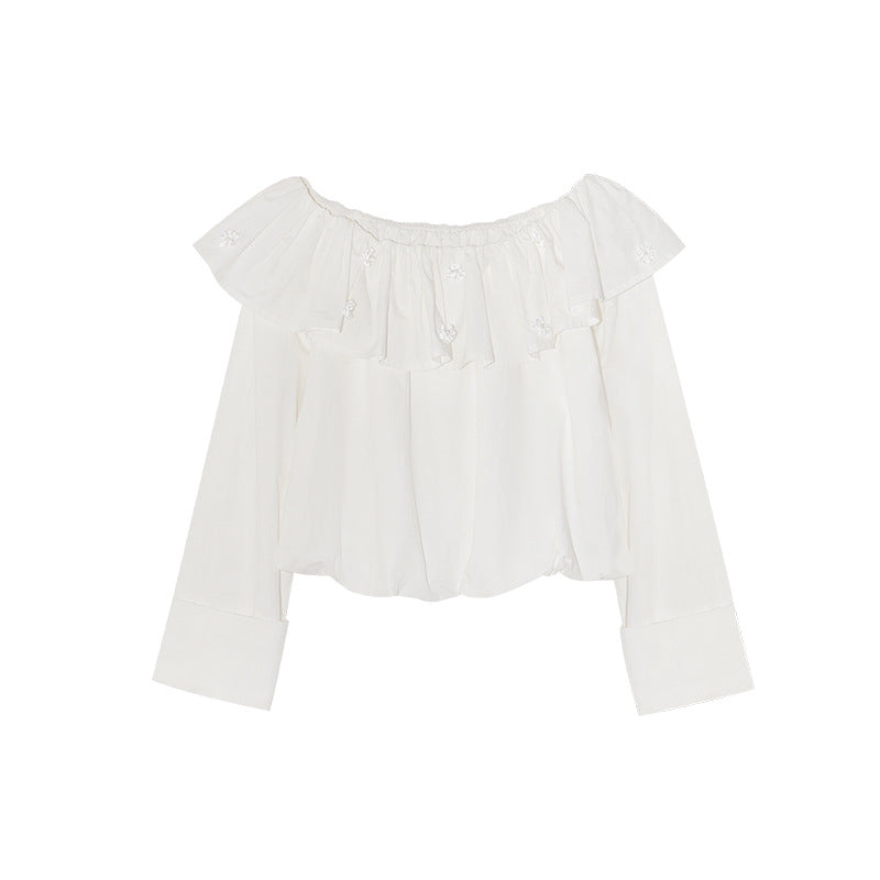 Sweet white ruffle design long-sleeved shirt