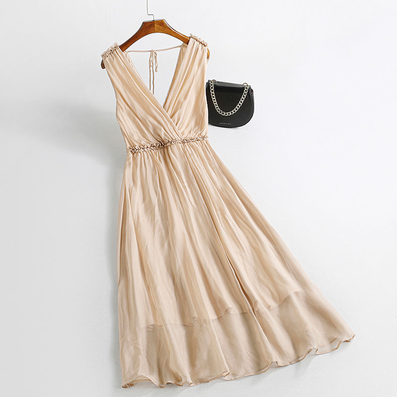 V-Neck Sleeveless Dress Women Mid Waist Mulberry Silk Maxi Two-Piece