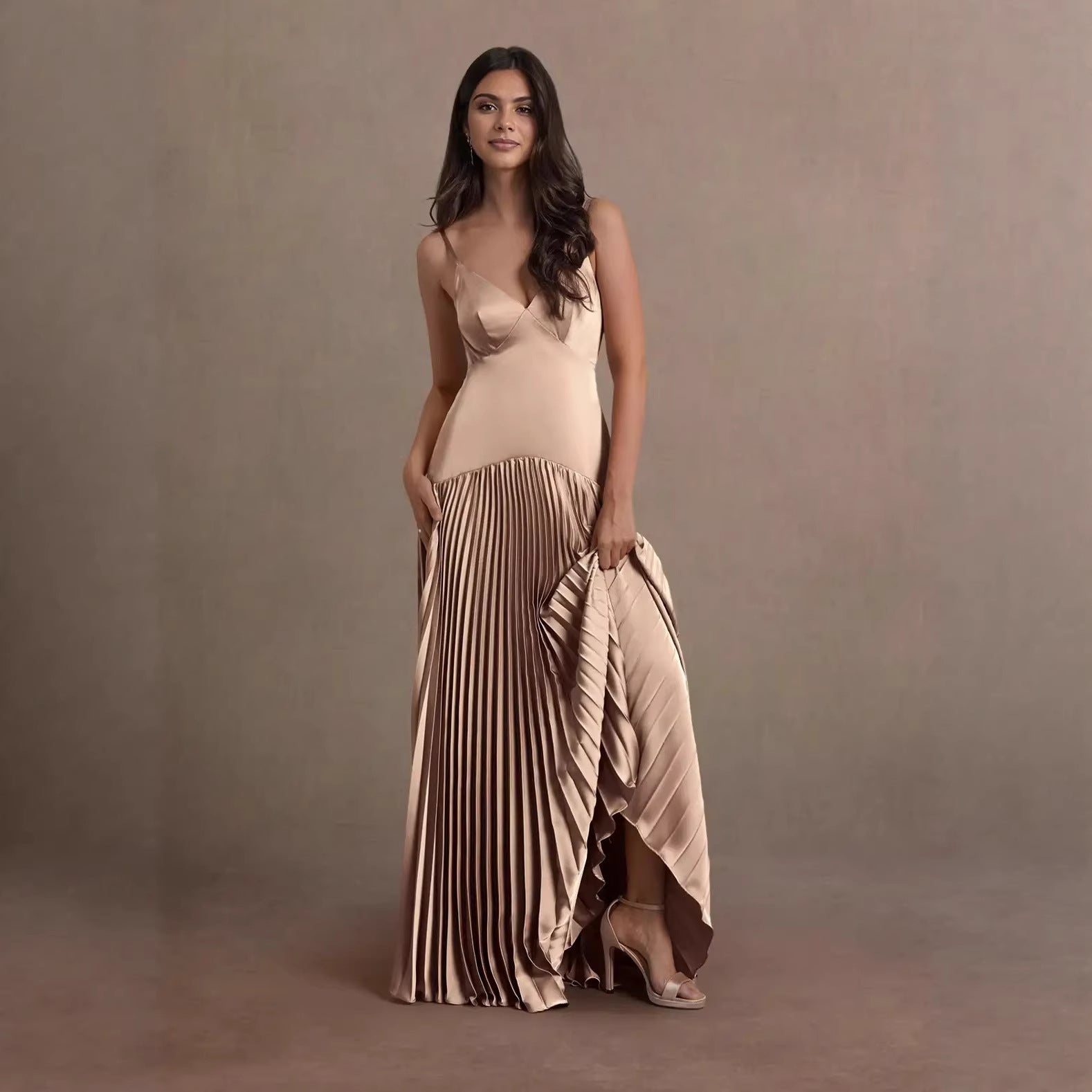 Fashion French Elegant Suspender Skirt Slim Pleated Skirt Evening Dress Dress Long