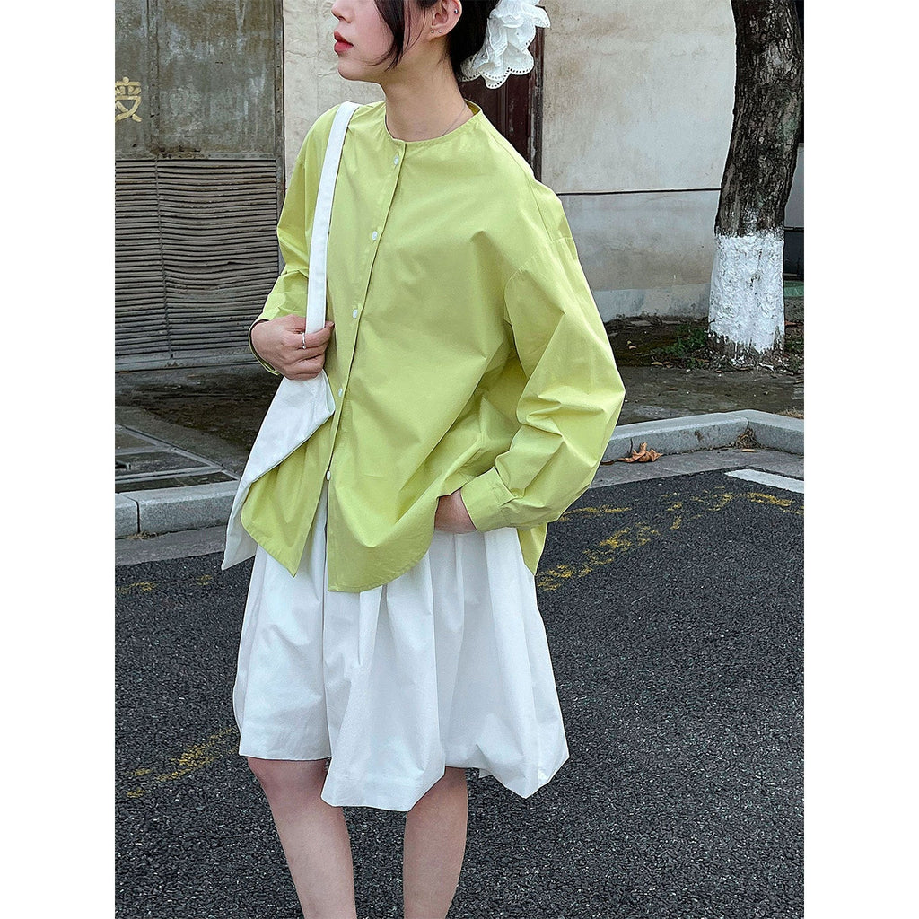 Simple Korean crew neck shirt top women's early spring stand-up collar casual versatile shirt jacket
