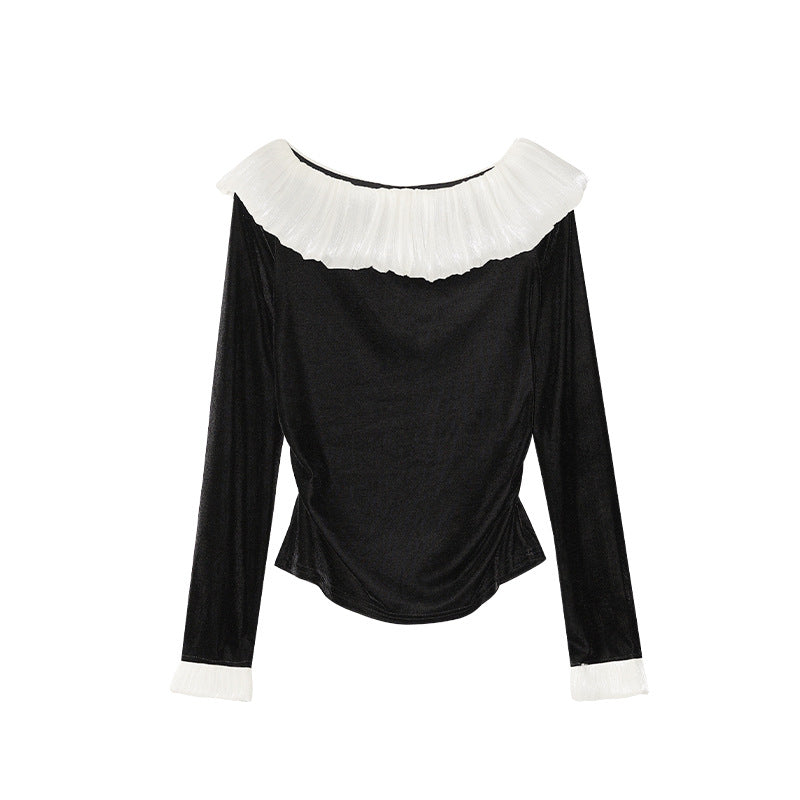 Elegant pleated slim-fitting ruffle-edged velvet shirt