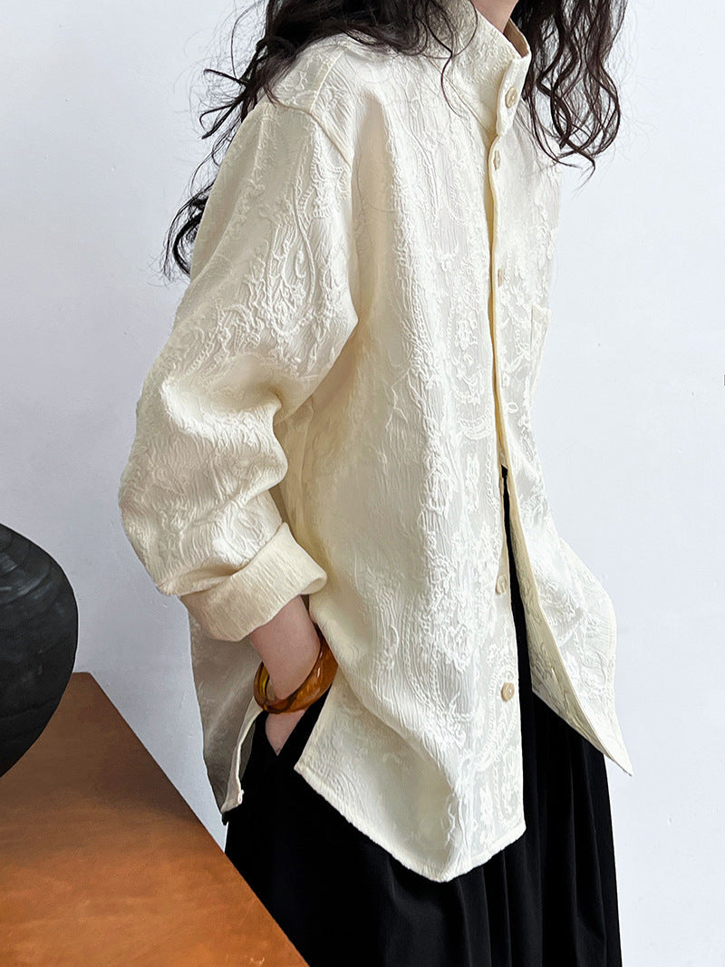Retro new Chinese style shirt women's autumn texture jacquard stand-up collar high-end commuter top