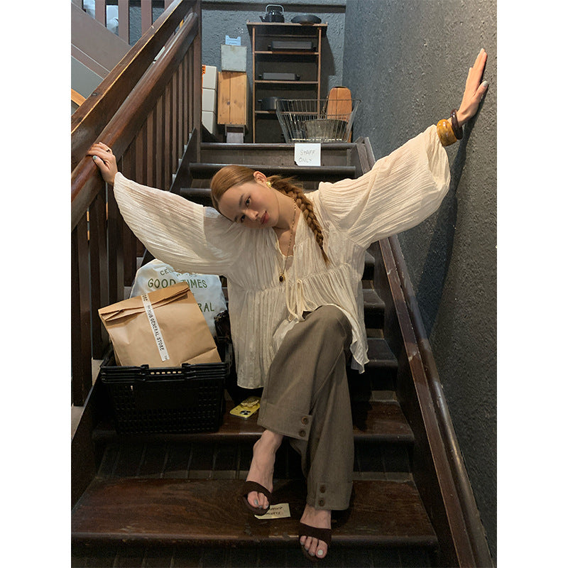 Lace-up V-neck pleated puff sleeves loose slimming shirt