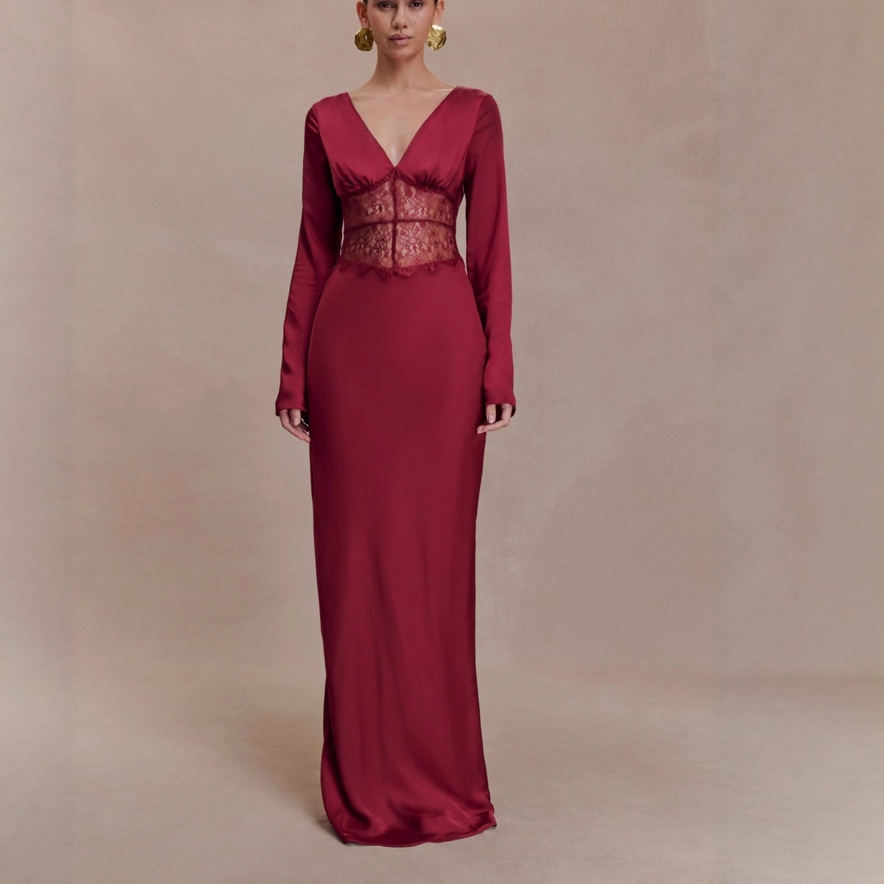 Lace splicing V-neck satin hip-wrapped dress Slim-fitting hollow sexy dress