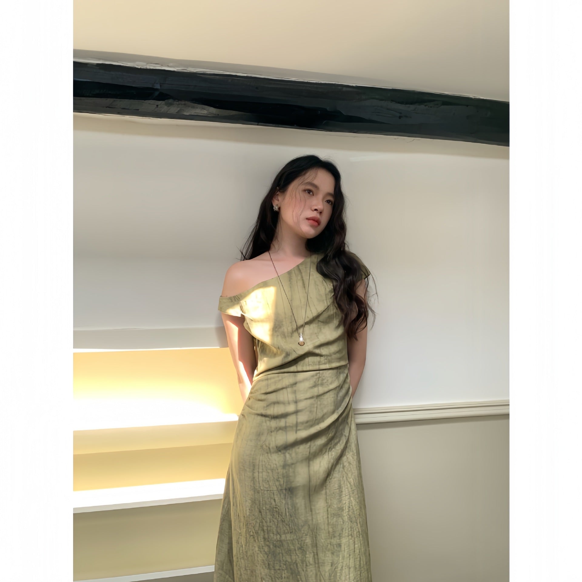 Slant collar temperament cotton and linen drape off-the-shoulder dress