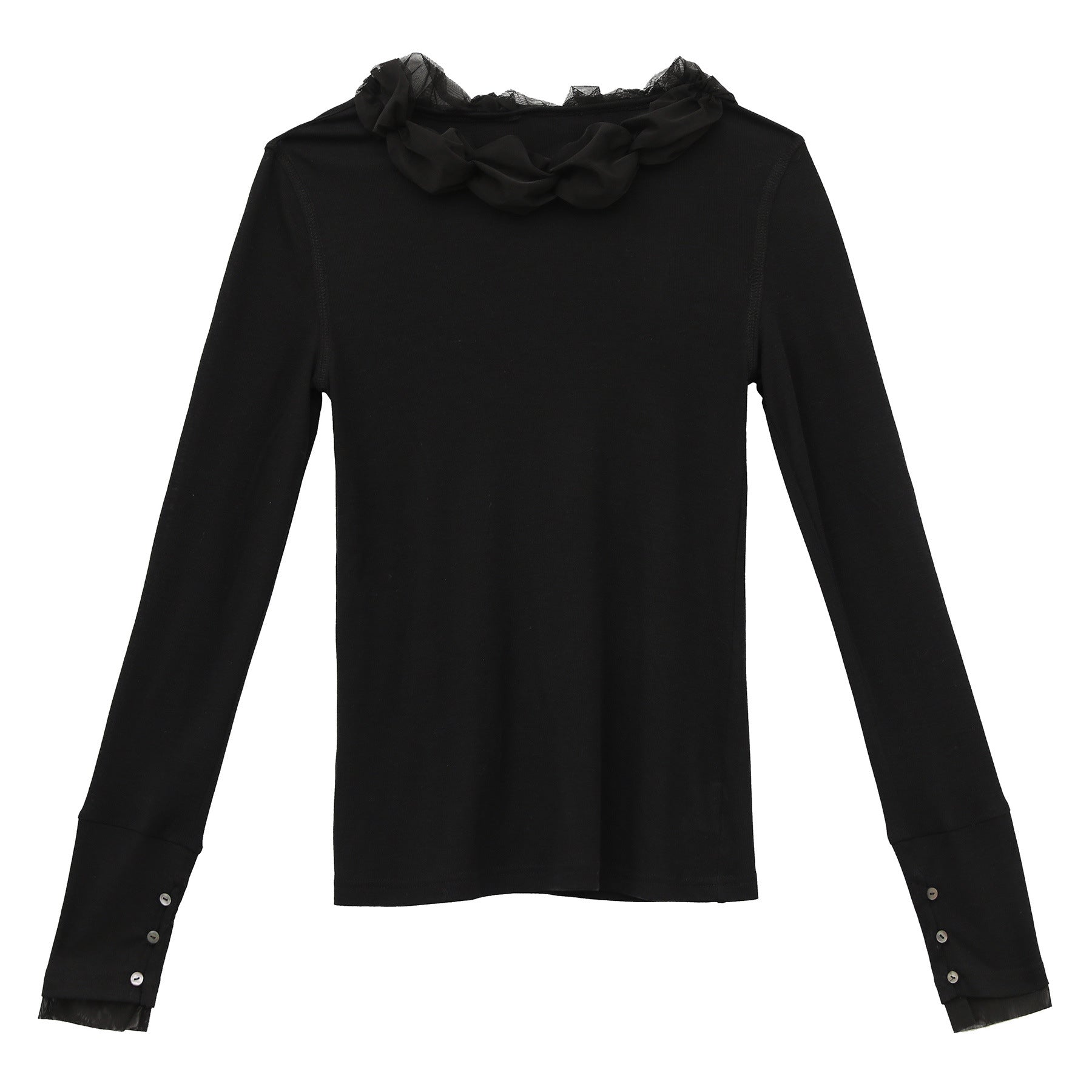 Mesh Flower Collar Knitted Sweater Women Round Neck Long Sleeve Slim Fit
