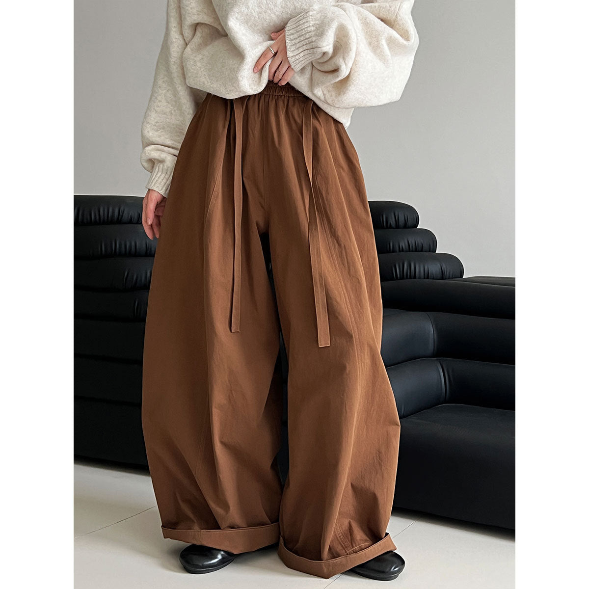 Korean high-waisted strap wide-leg balloon pants women's autumn new loose meat-covering scimitar floor-mopping trousers