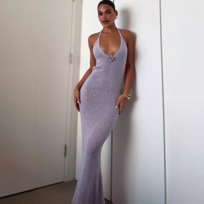 Slim sundress sexy backless tight waist style beautiful back knit dress