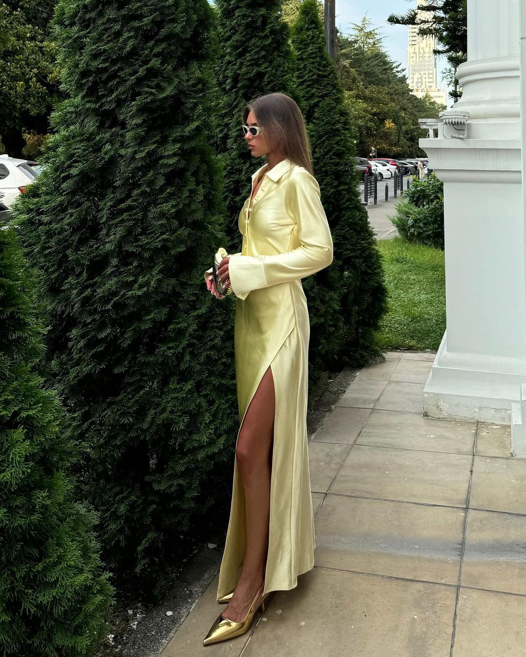 Fashion Vacation Style Long Sleeve Shirt Split Skirt Sexy Satin Dress