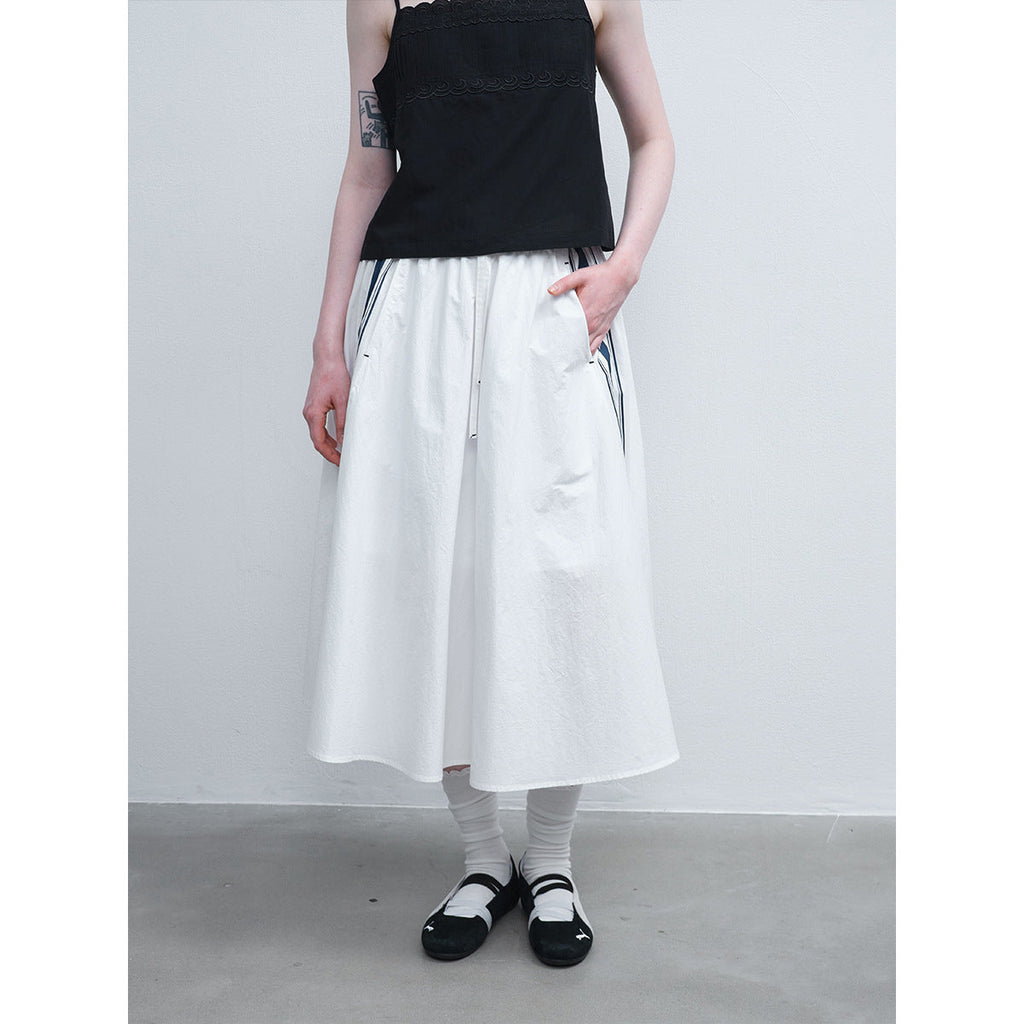 Summer new casual high-waisted drawstring striped contrasting color sporty umbrella skirt