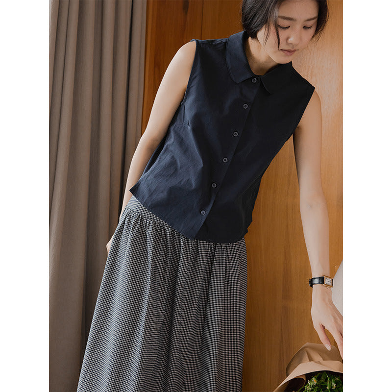 Commuter lapel texture sleeveless shirt summer lapel shirt