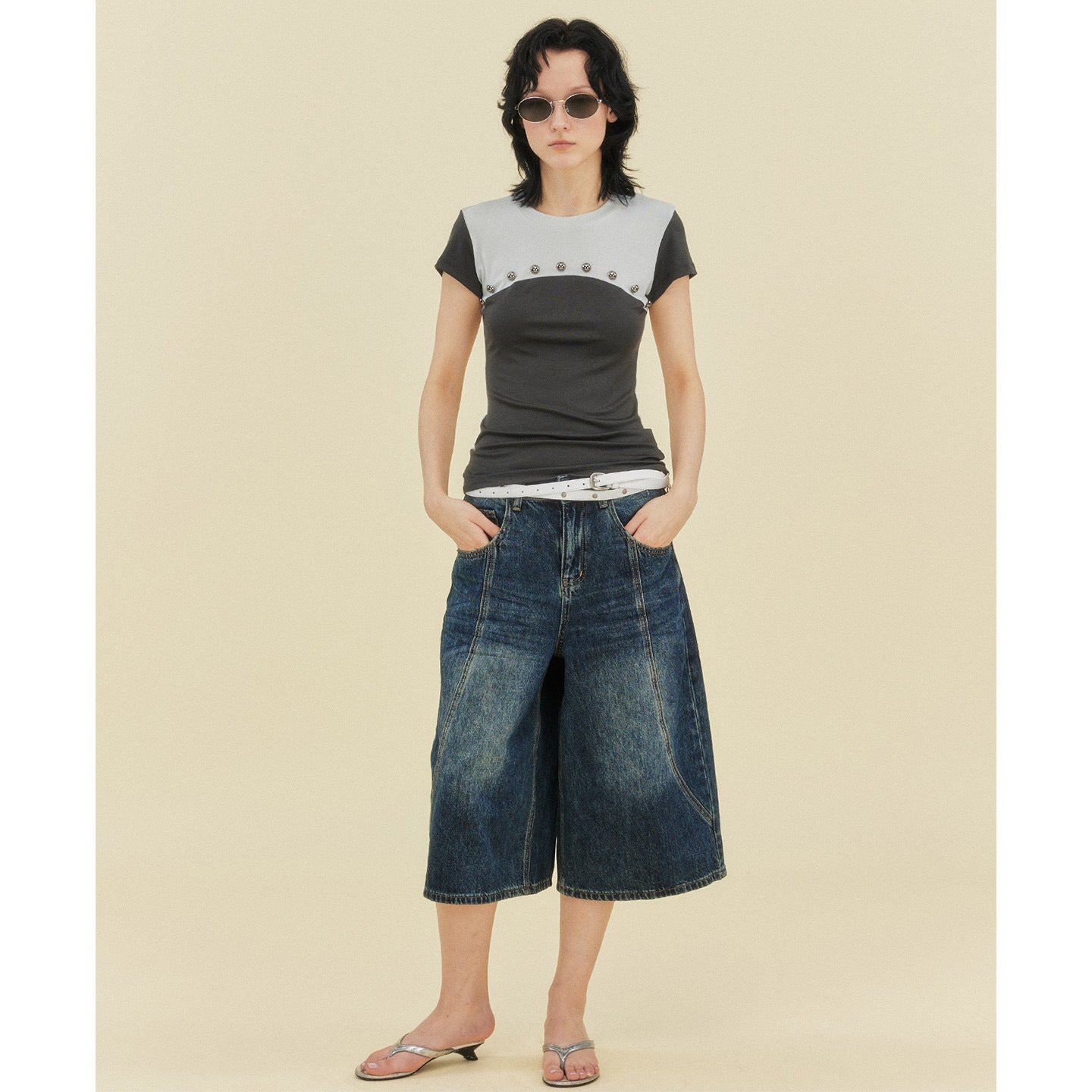 Tencel stud knitted short-sleeved T-shirt