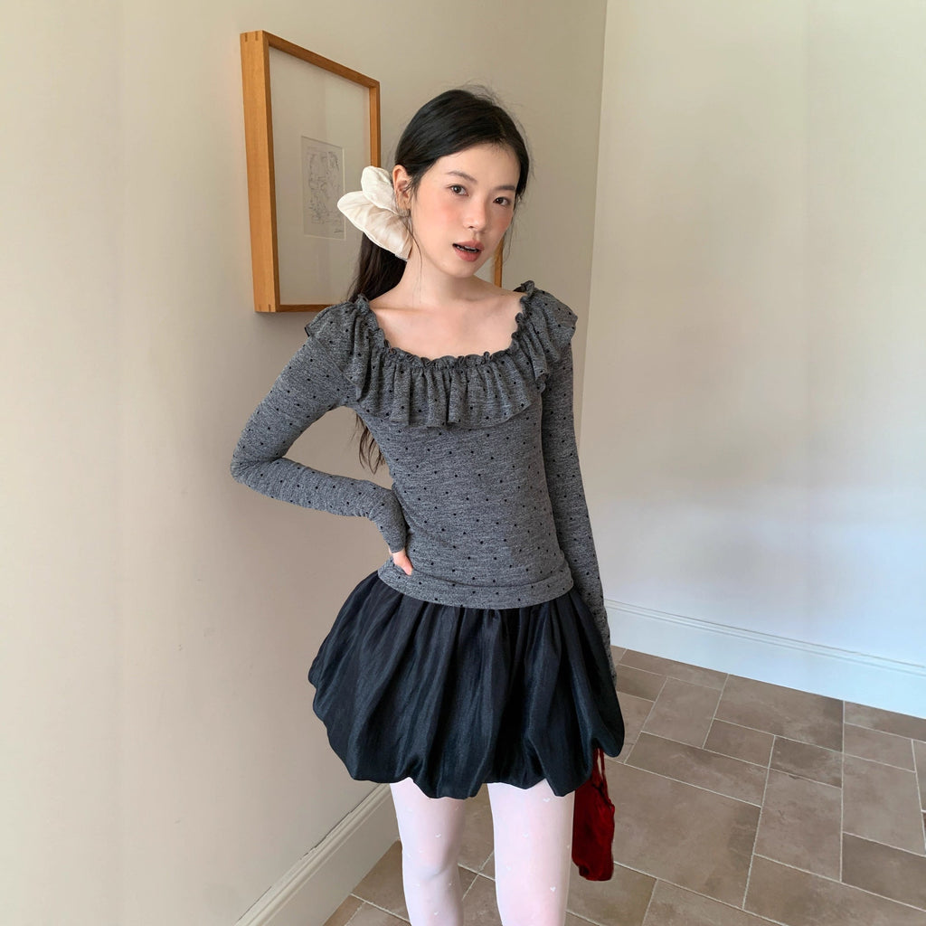 Sweet age-reducing slim-fit polka-dot long-sleeved ruffle top