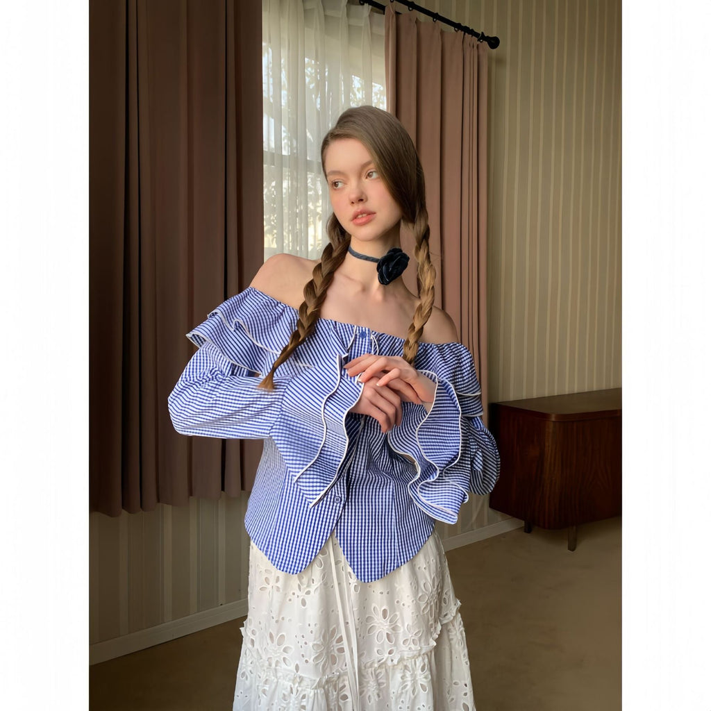 Skinny Plaid Lotus Leaf Shoulder Shirt