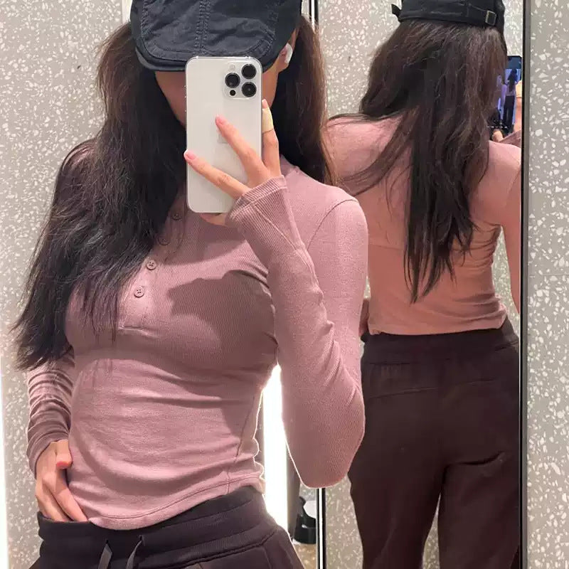 Long Sleeve Henley Shirt Women Slim Fit Elastic Knitted T-Shirt