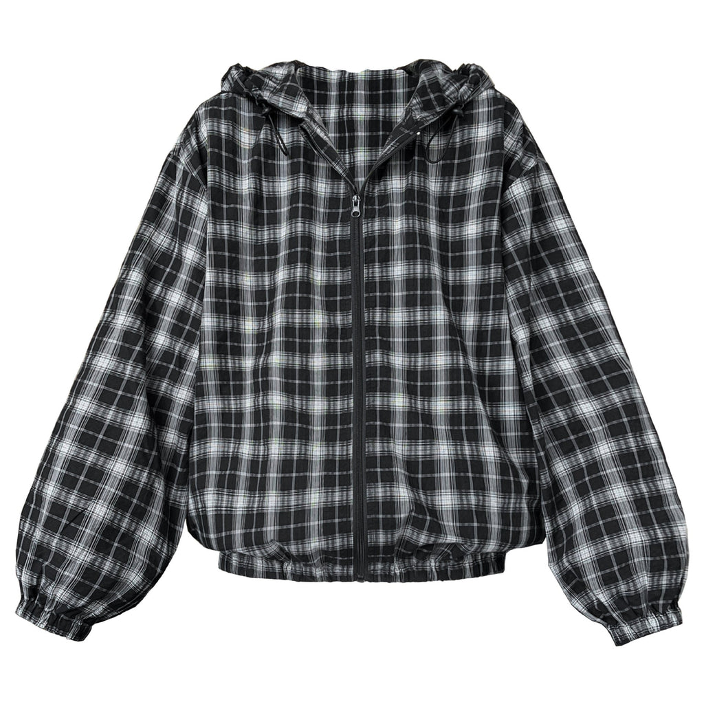 Vintage contrasting plaid jacket women's 2024 autumn new long-sleeved loose drawstring hooded top