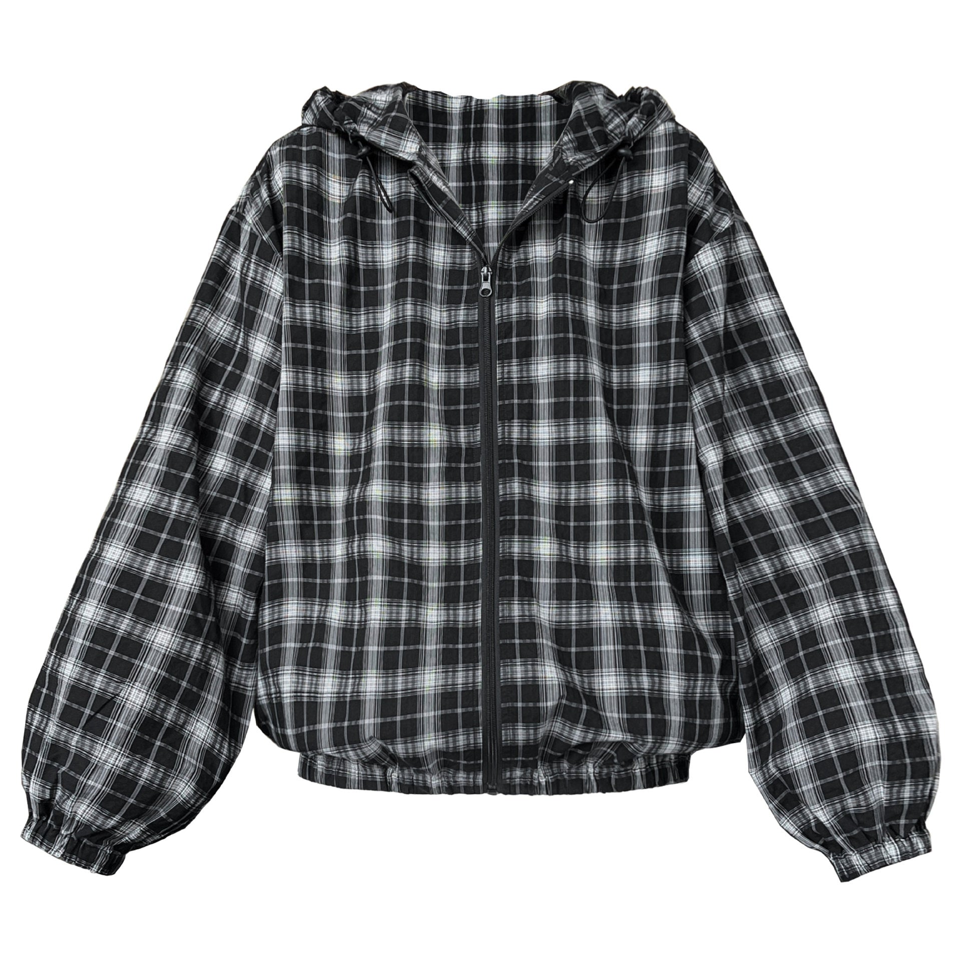 Vintage contrasting plaid jacket women's 2024 autumn new long-sleeved loose drawstring hooded top