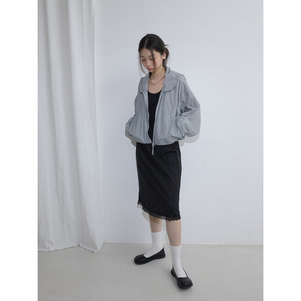 Spring new casual high waist simple solid color linen satin lace medium and long skirt