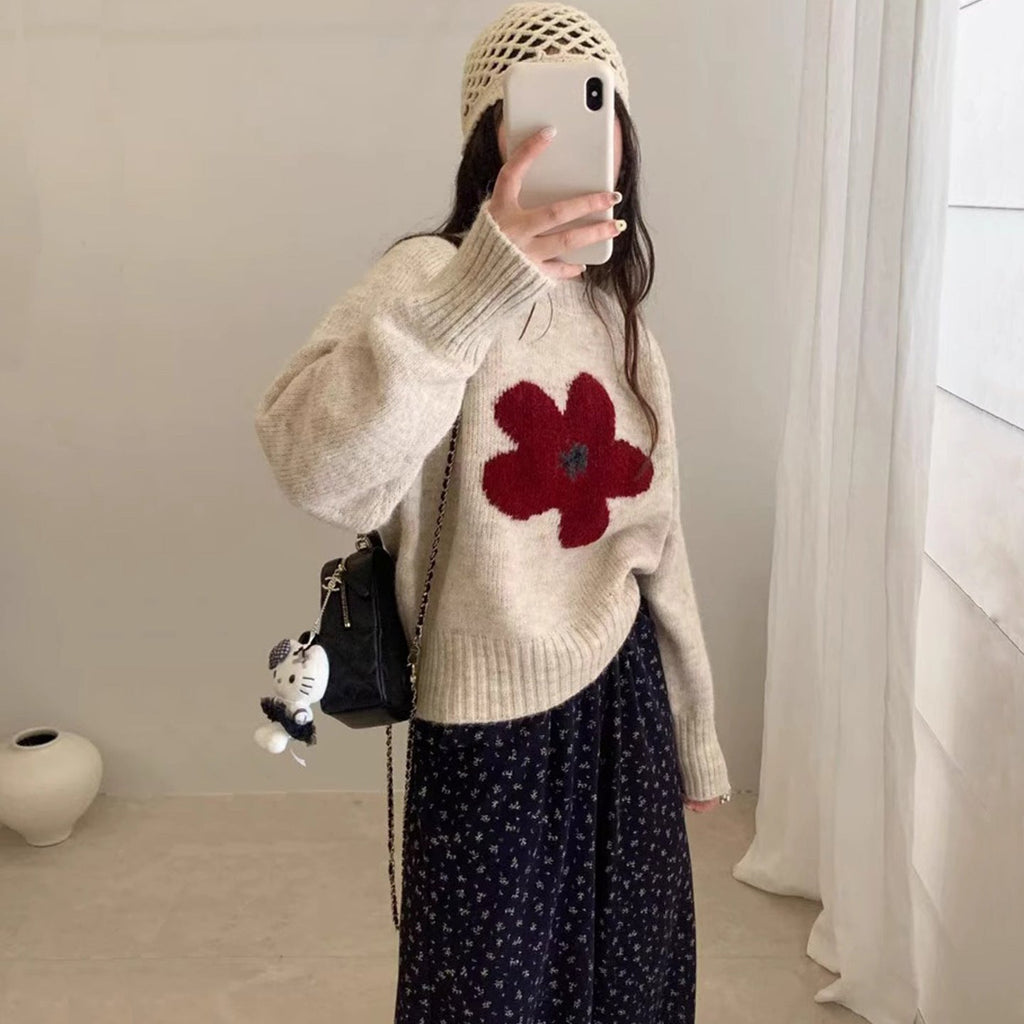 Floral Korean Soft Knit Loose Pullover Sweater