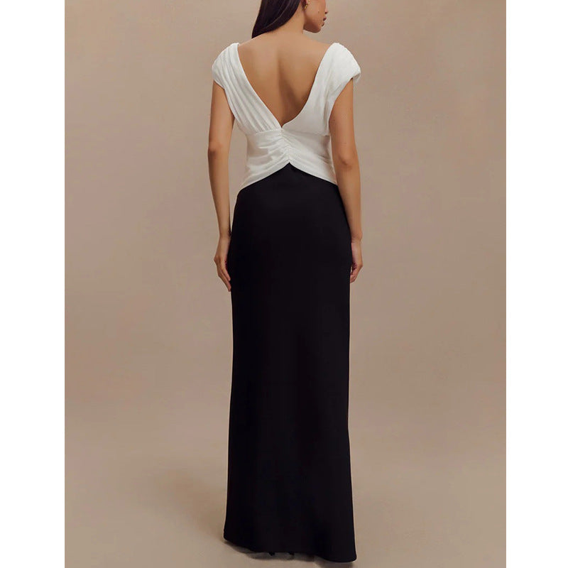 V-neck dress high-end celebrity style splicing temperament elegant long dress women's hip skirt