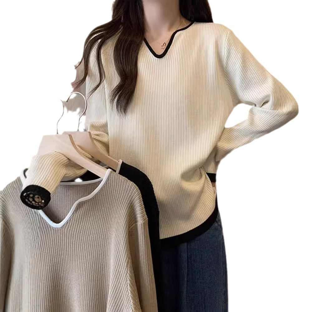 Color Block Long Sleeve T-Shirt Women Loose Fit V-Neck Mid-Length Top