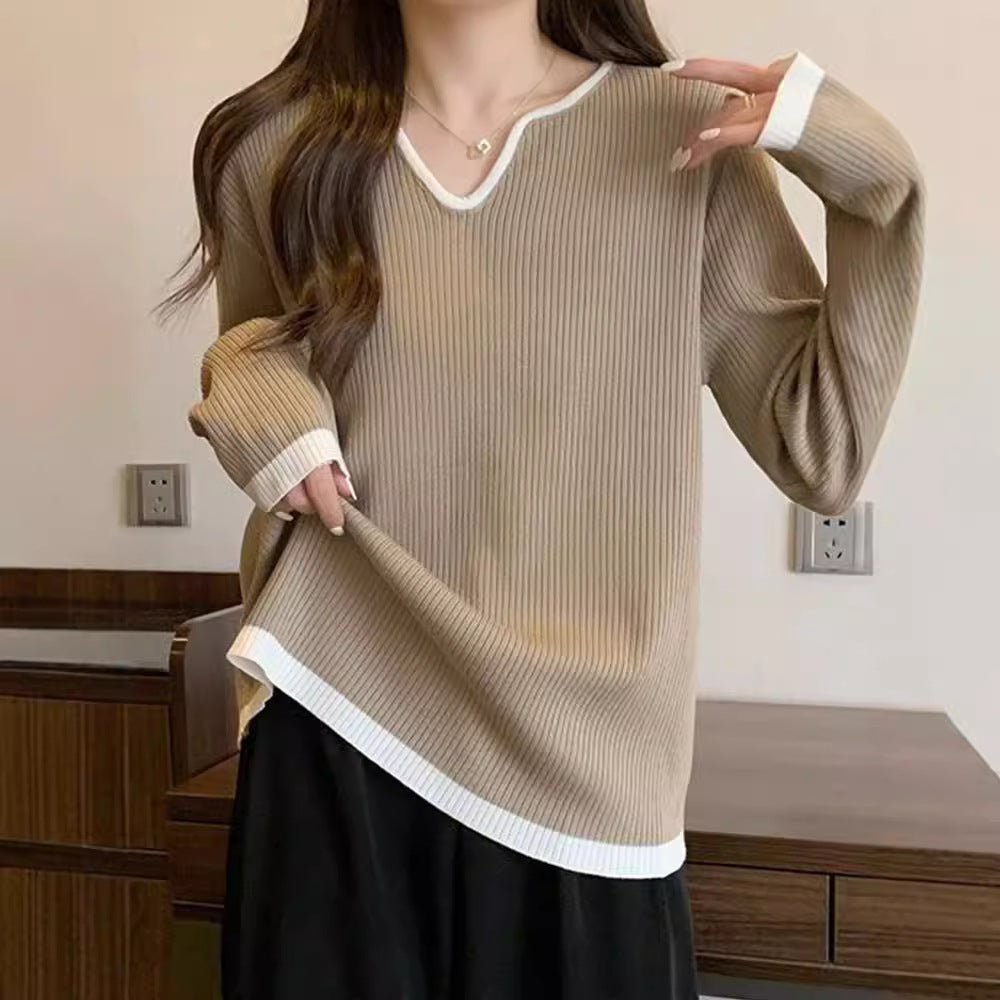 Color Block Long Sleeve T-Shirt Women Loose Fit V-Neck Mid-Length Top