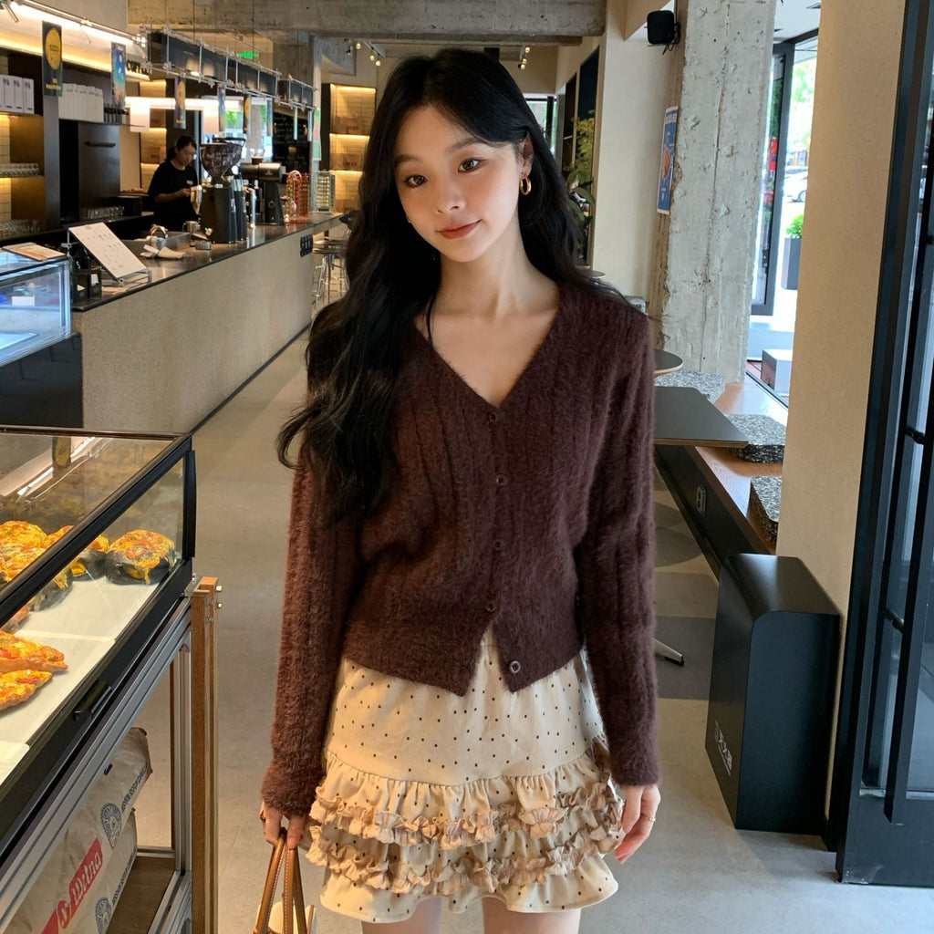 Gentle and sweet v-neck versatile long-sleeved knitted cardigan