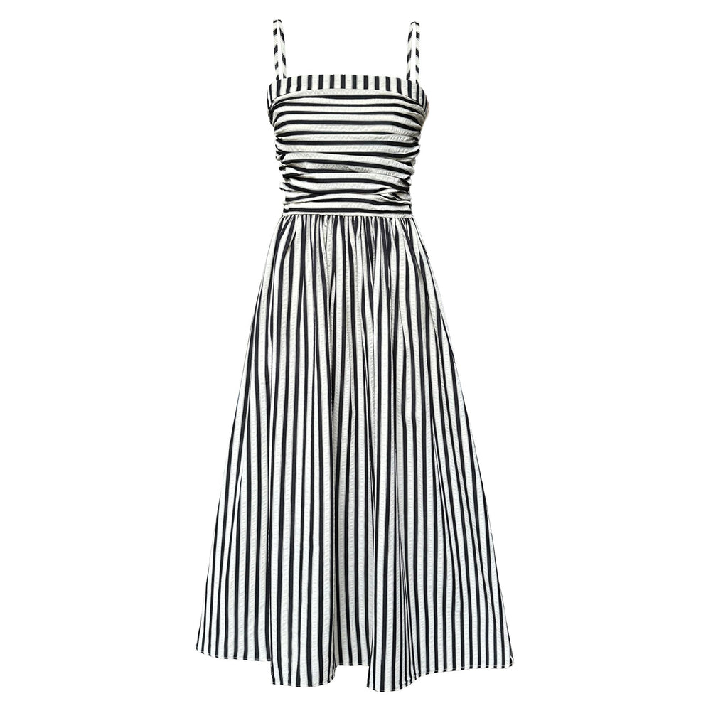 French striped tube top suspender dress for women's high-end off-the-shoulder pleated waist A-word long dress summer