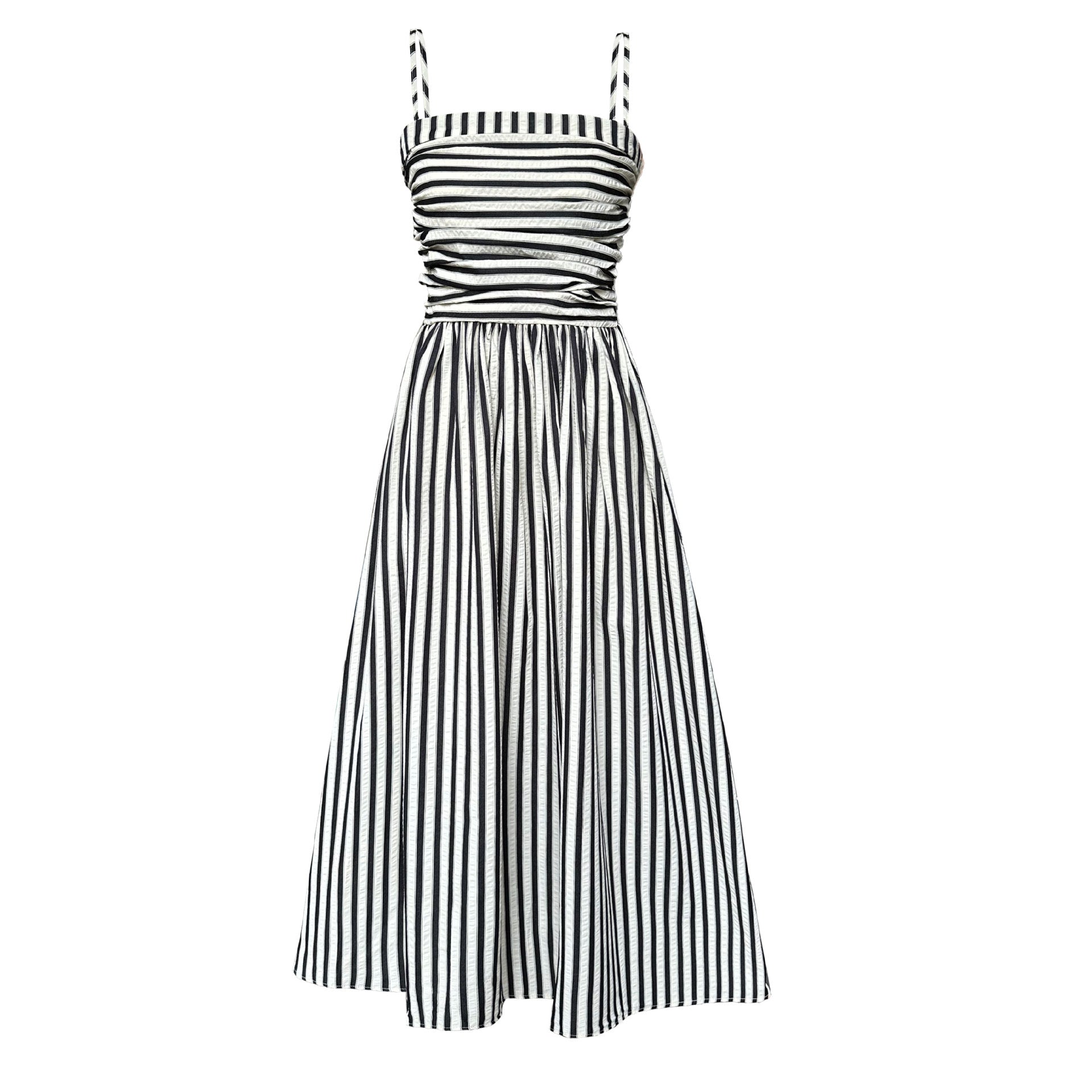 French striped tube top suspender dress for women's high-end off-the-shoulder pleated waist A-word long dress summer