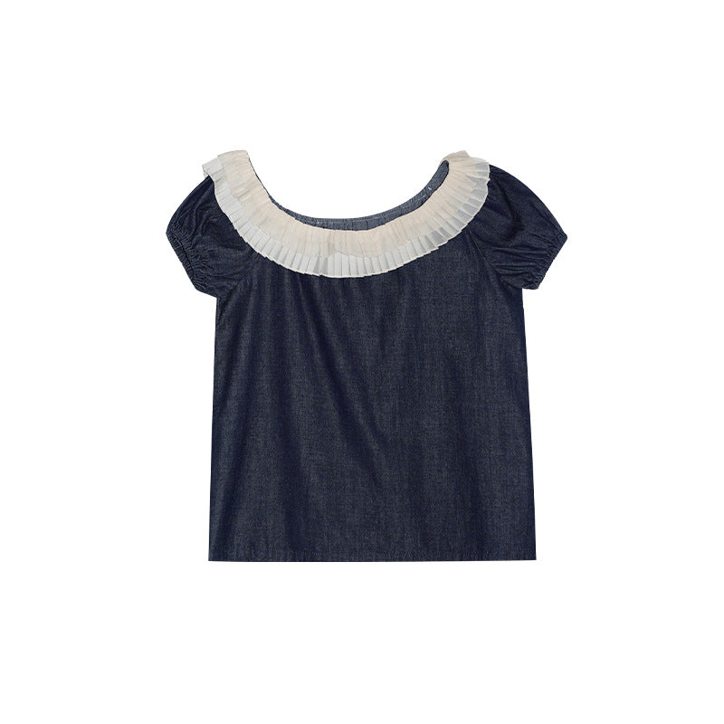 French style retro shirt women's fungus edge denim slanted shoulder top