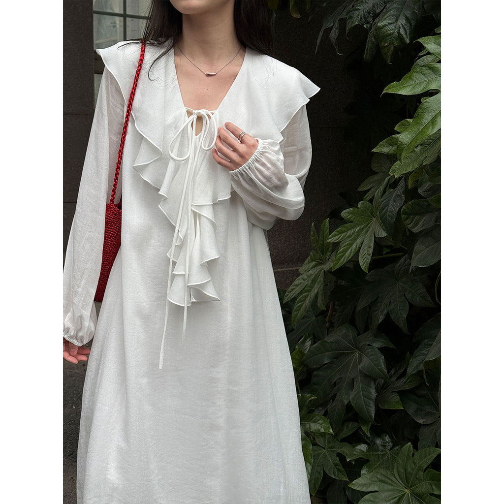 French simple ruffle V-neck dress spring new bubble sleeves lazy long skirt