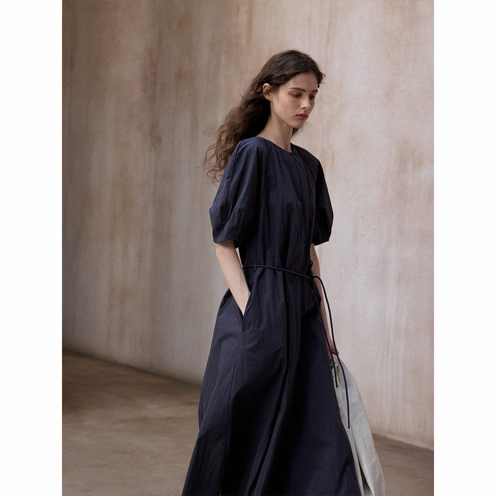 Sleeve Sleeve Crew Neck Lace-Up Dress Summer Simple Commuter