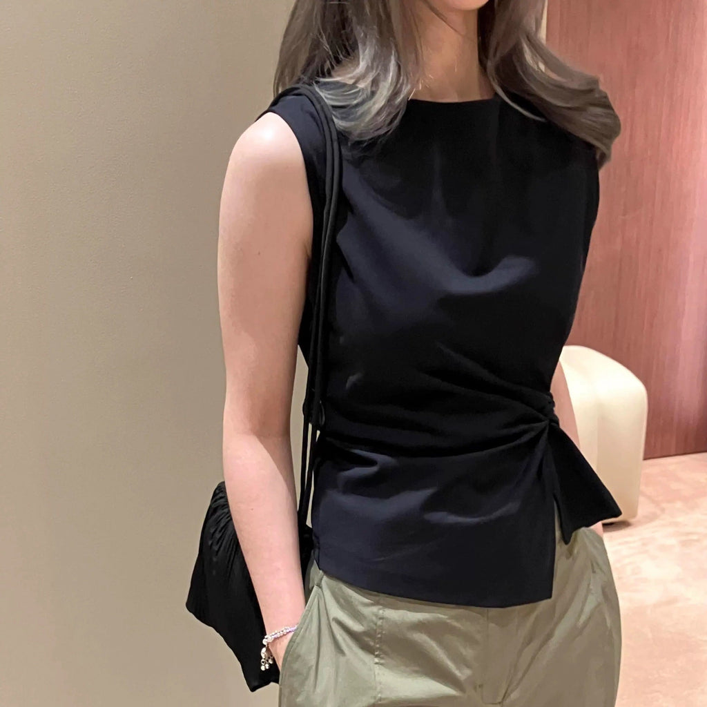 Summer Slim Fit Neck Grab Pleated Textured Vest Black Top