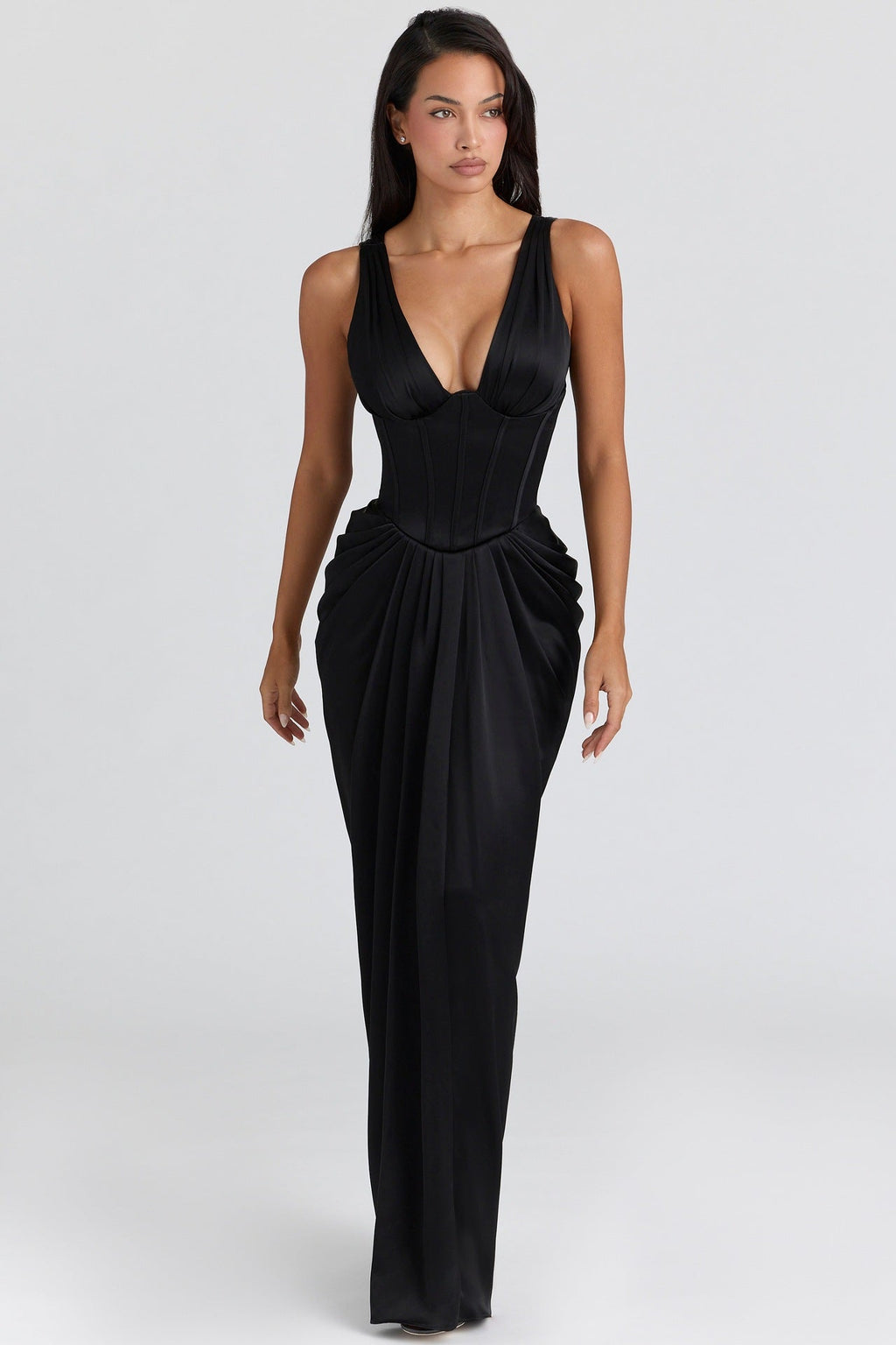 Spice girl deep V hanging fishbone suspender long dress backless splicing sexy dress
