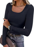 U-Neck Long Sleeve T-Shirt Women Slim Fit Knitted Solid Color Top