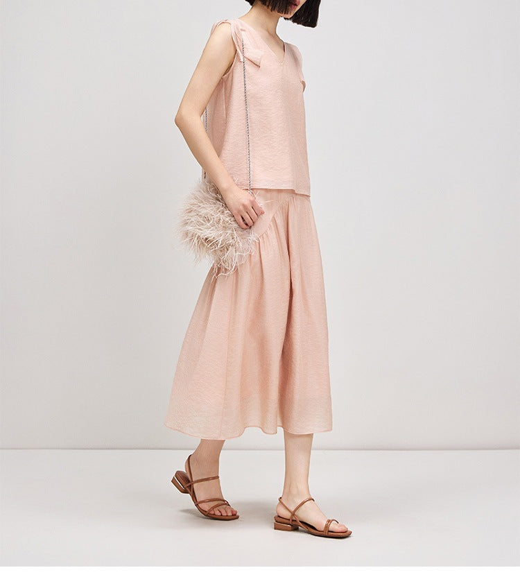 Pink fly-sleeved shirt women's V-neck shirt skirt set, new pink peach age-reducing two-piece set