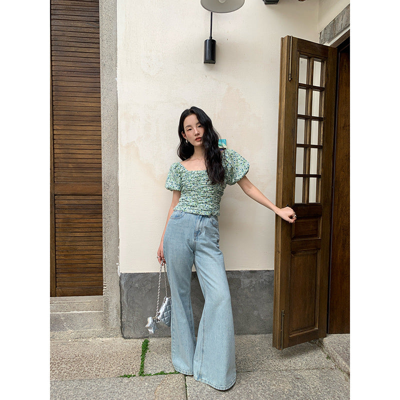 French Floral Pleated Bubble Sleeve Top