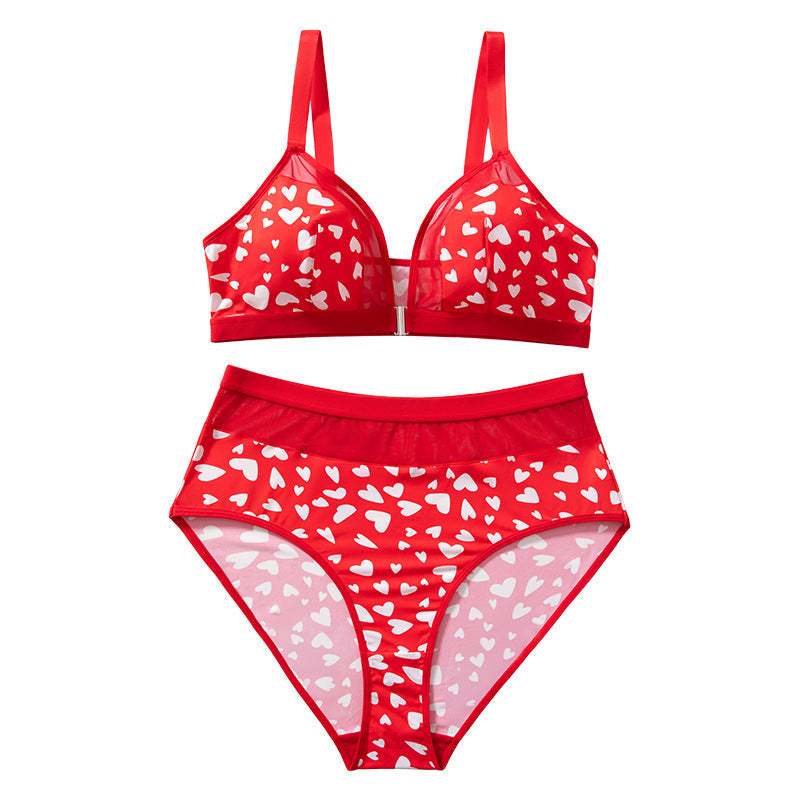 Sexy love large size underwear set women's steel-free comfortable printing mesh stitching large breast underwear