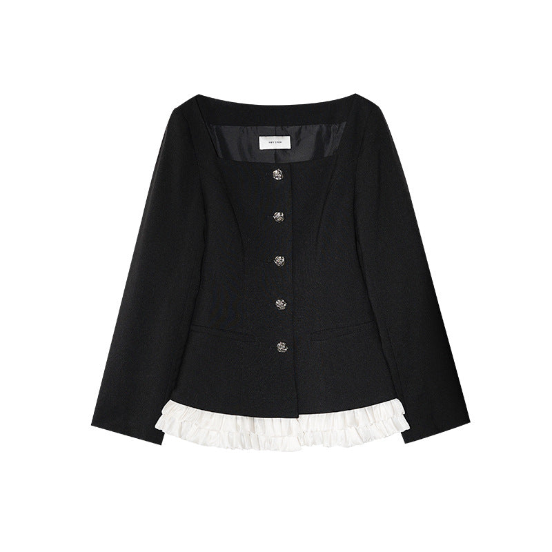 Autumn French Hepburn temperament lace splicing single-breasted square collar jacket