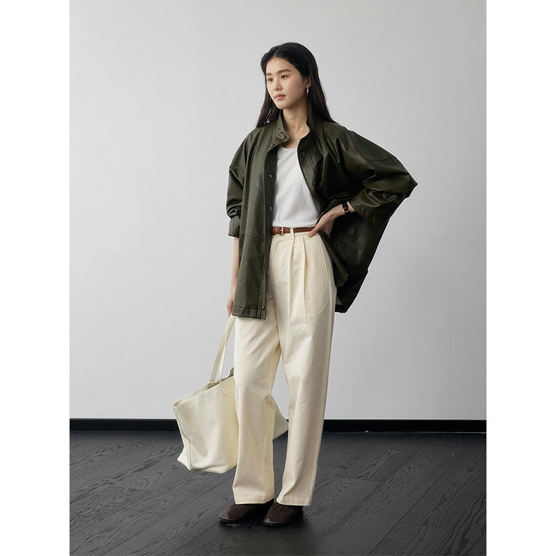 High-waisted straight-leg meat-covering and thin casual pants with belt