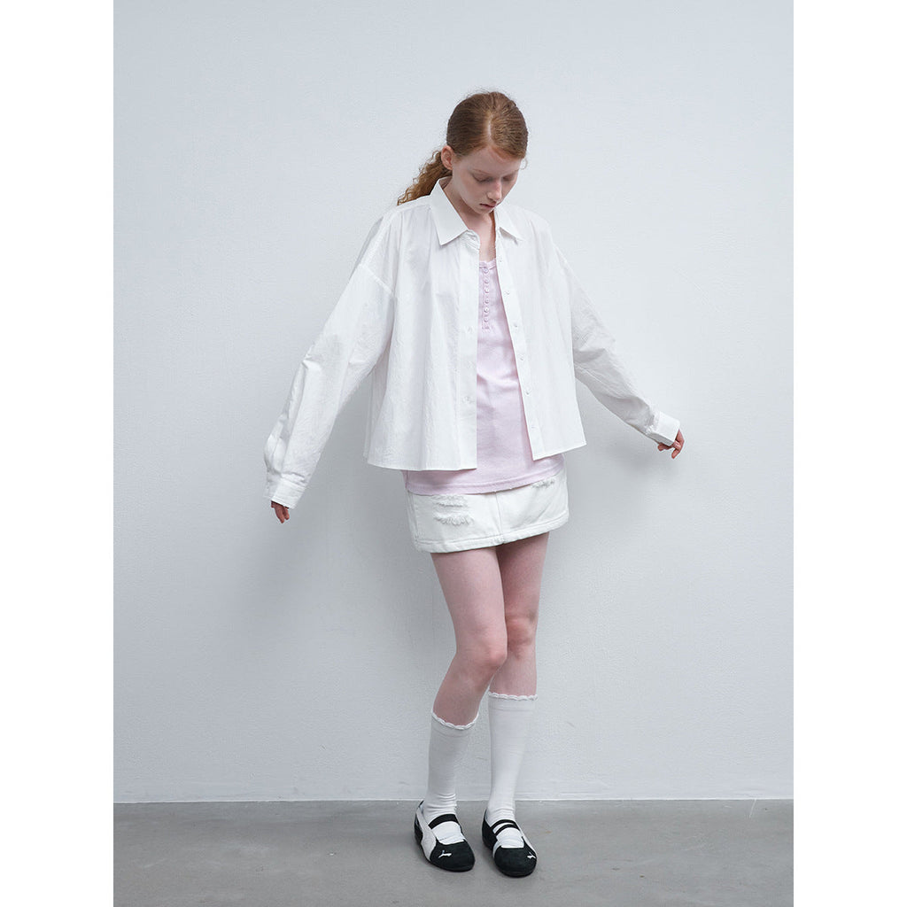 Spring new casual lapel solid color pure version basic triangular splicing short shirt