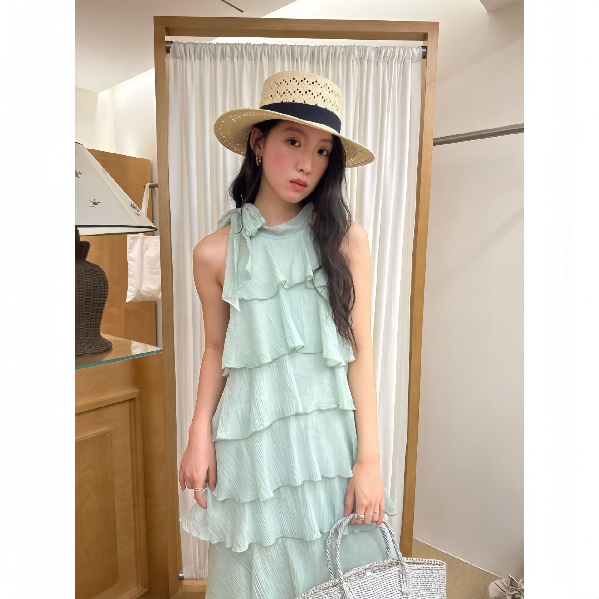 Women's Stand Collar Ruffle Tiered Sleeveless Tencel Maxi Dress