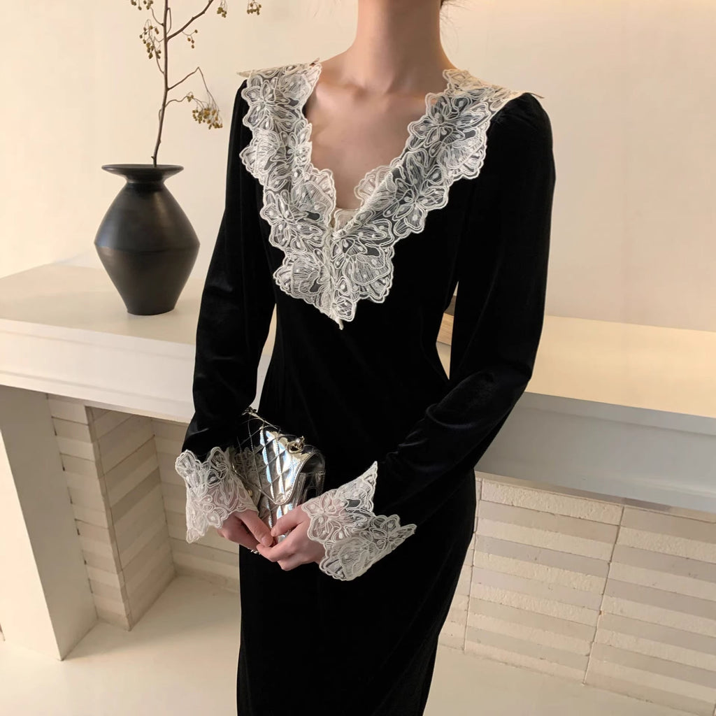 Hepburn temperament lace v-neck velvet dress