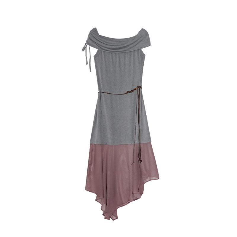 beautiful asymmetrical contrasting one-word shoulder dress