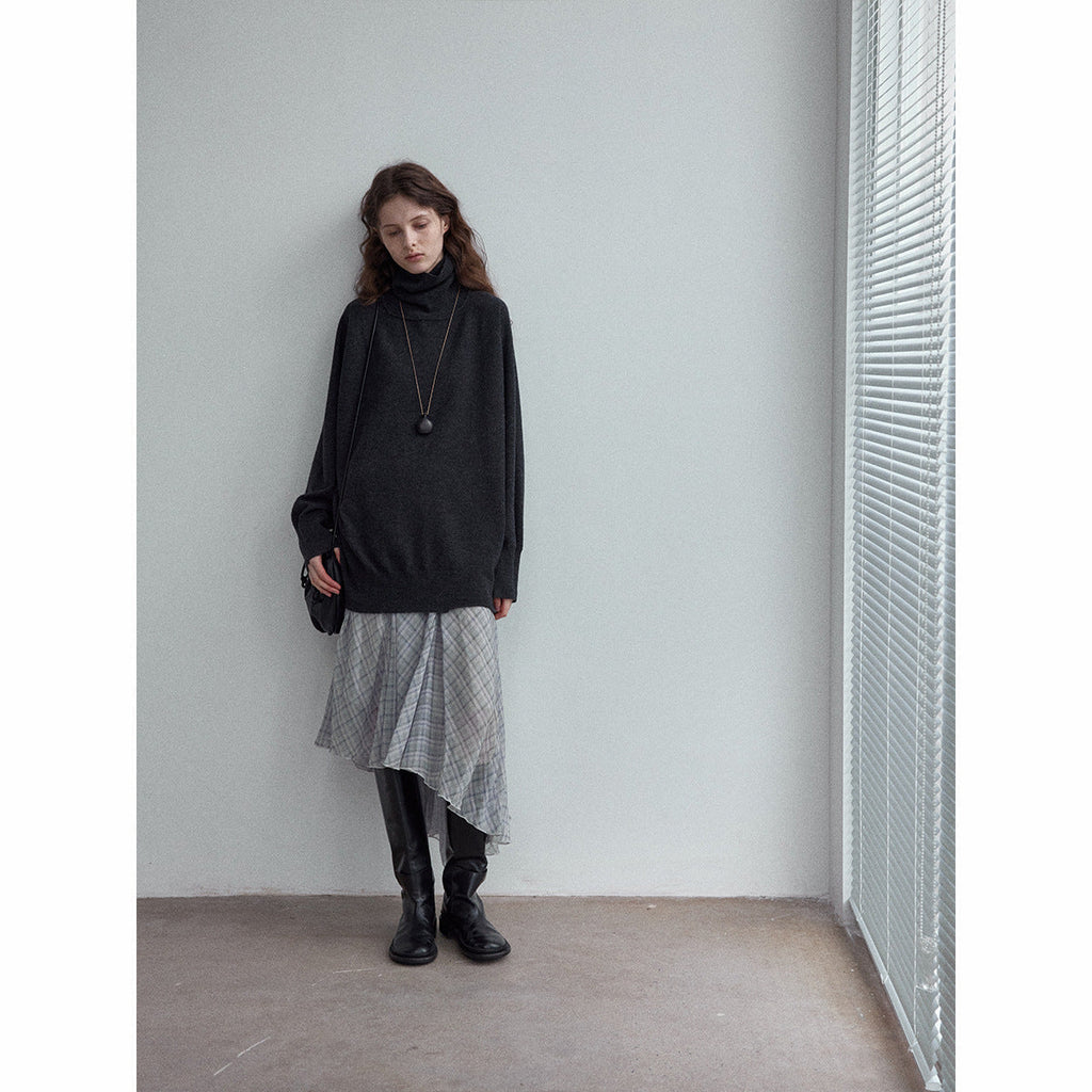 Autumn versatile commute drape skin-friendly contrasting color plaid asymmetrical diagonal swing skirt
