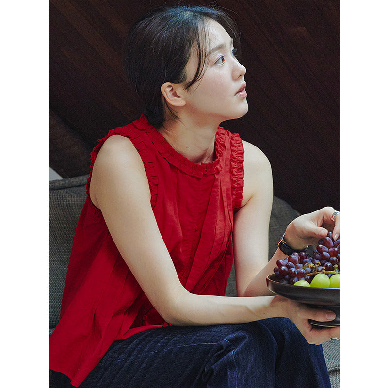 Lazy Crew Neck Fungus Lace Splicing Shirt Summer Sleeveless Vest