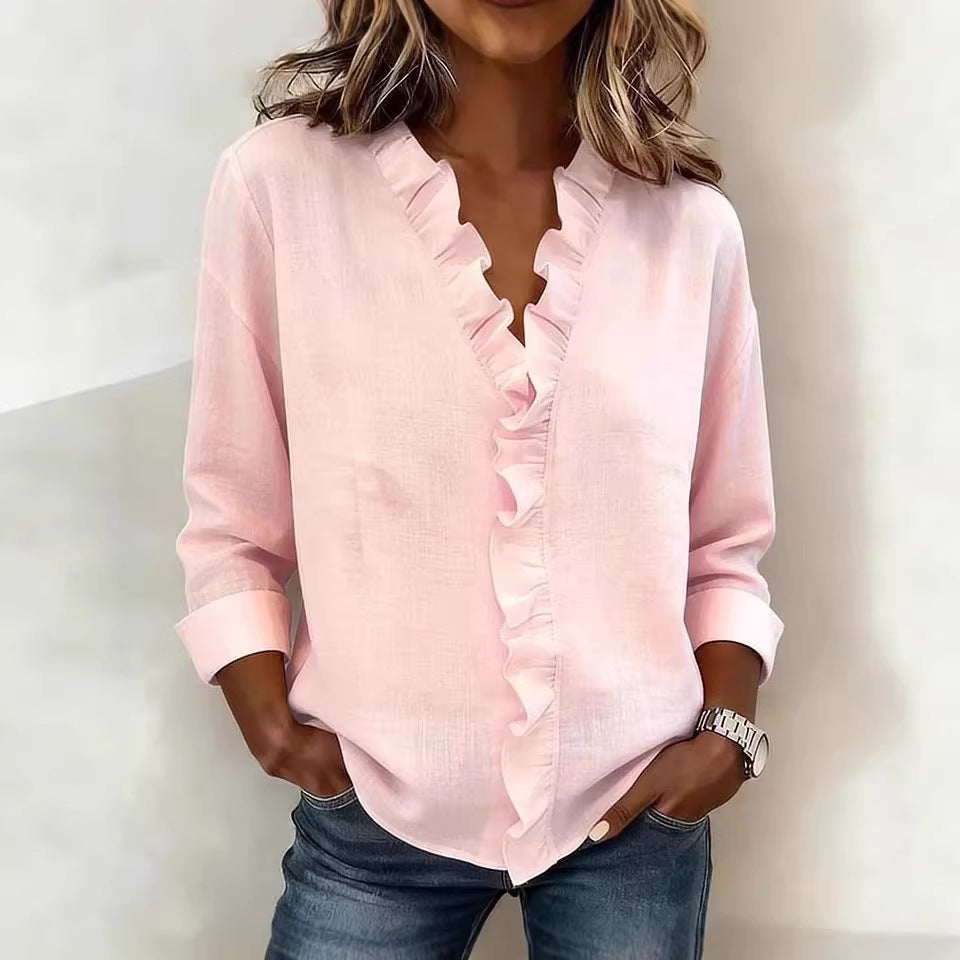 Spring women's fungus edge long-sleeved cotton shirt women's design sense spring new top shirt women's spring