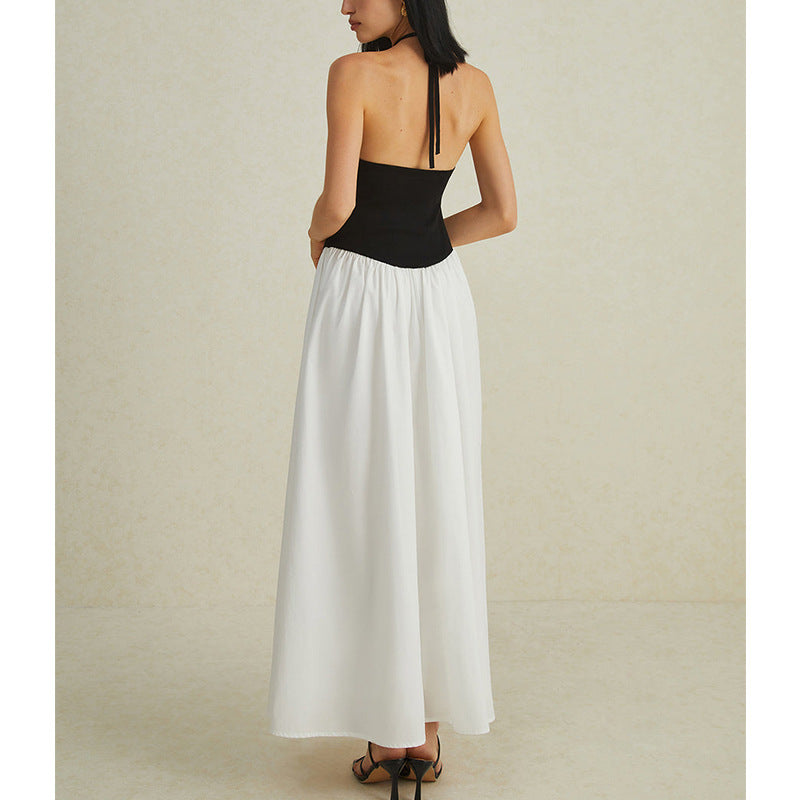 Slip pleated skirt, chiffon long skirt, spliced halterneck sexy dress