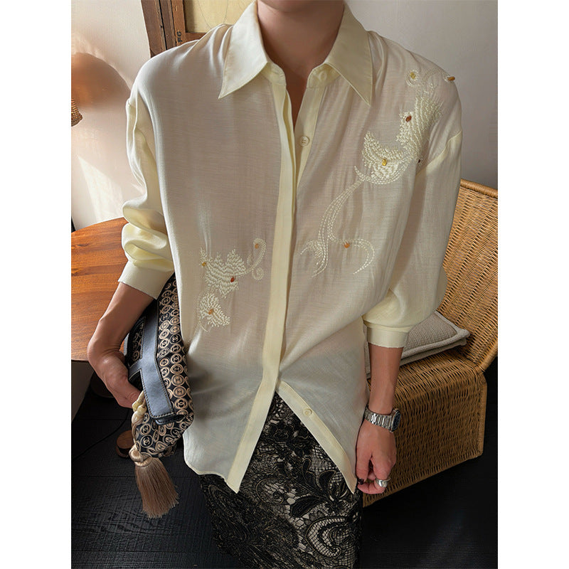 Chinese retro national style heavy industry embroidered acetate long-sleeved shirt