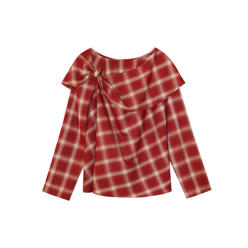 Plaid niche long-sleeved ruffle edge pullover collar shirt women
